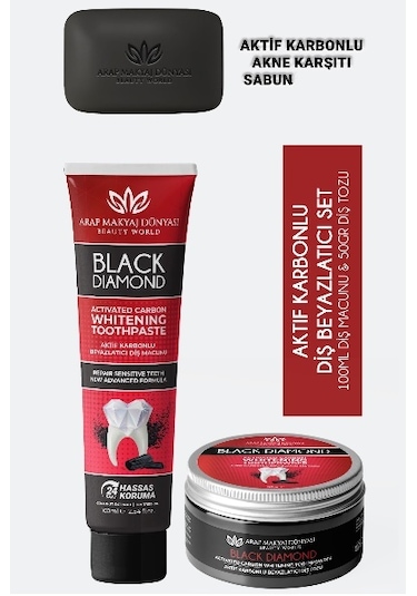 Arap Makyaj Dünyası Black Diamond Beyazlatıcı Diş Tozu 500 G + Diş Macunu 100 ML + Sabun