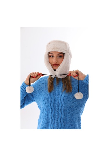 Kadın Bej Kürklü Kulaklıklı Peluş Şapka Bej