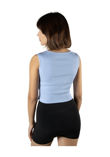 2'li Paket Gri Mavi Fitted/vücuda Oturan Crop Halter Yaka Fitilli Esnek Örme Bluz Atlet Gri-mavi