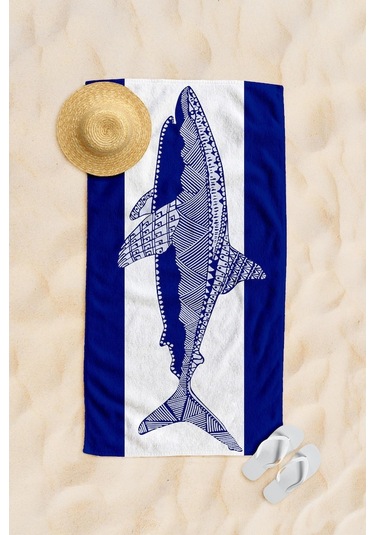 Köpek Balığı Baskılı Mavi Plaj Havlusu 70X155Cm