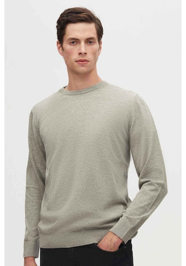 Regular Fit Gri Tüylenme Yapmayan Bisiklet Yaka Triko Kazak Gri