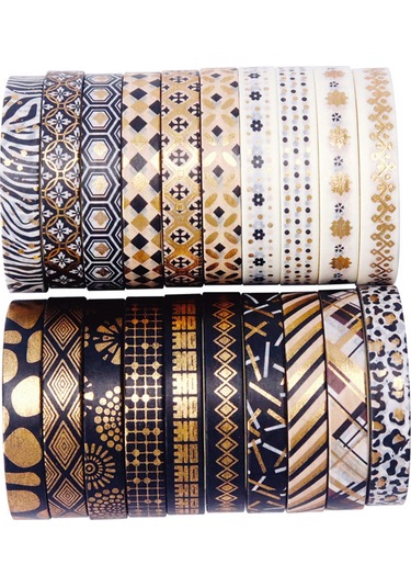 Singree 20'li Altın Desenli İnce Washi Bant Seti - 5m X 7mm - Hediye Paket