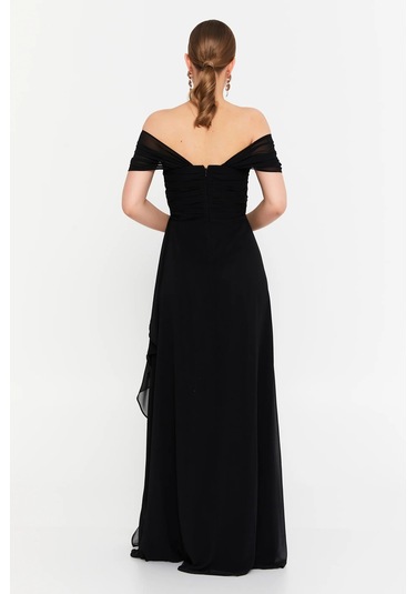 Doridorca Kadın Düşük Kollu Taş Detaylı Şifon Maxi Boy Abiye Elbise 7035 Siyah Siyah