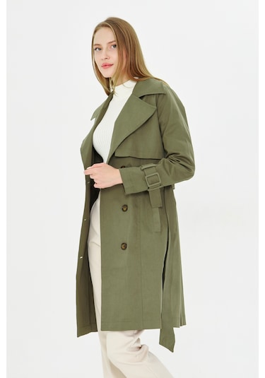 Pastelastore Esnek Pamuk Gabardin Midi 95cm Astarsız Kadın Trençkot 1118 Haki Yeşil