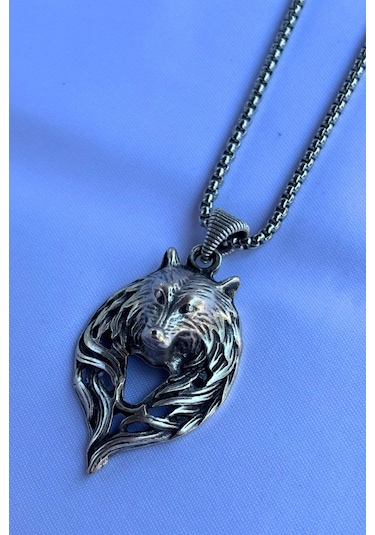 Kurt Başı El İşçiliği Paslanmaz Çelik Zincir Erkek Kolye Gümüş