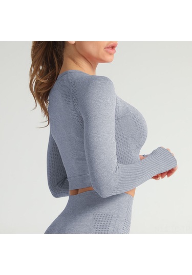 Skycity Kadınlar İçin Esnek Noktalı Yoga Üstü, Uzun Kollu Ve Göbek Açık Spor Giysisi Gri