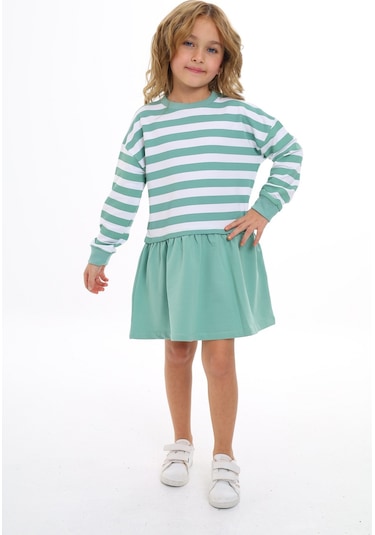 Toontoy Kız Çocuk Çizgili Elbise Yeşil