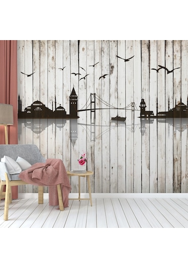 Ahşap Boyama Efektli - İstanbul Silüeti