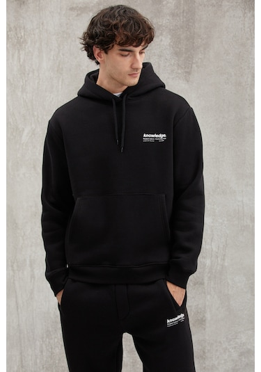 Grimelange Martel Erkek Yumuşacık Içi Polarlı Baskılı Regular Kordonlu Siyah Sweatshirt