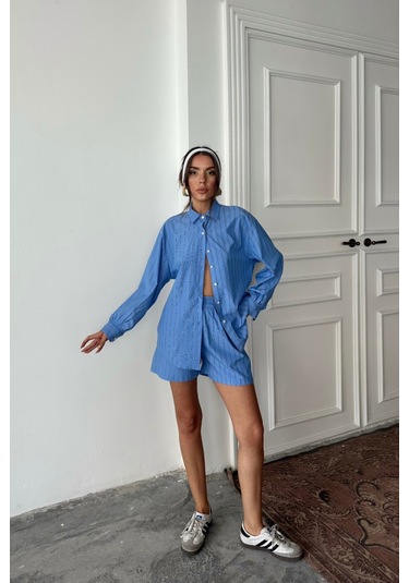 Poplin Çizgili Gömlek - Şort Takım - Mavi Mavi