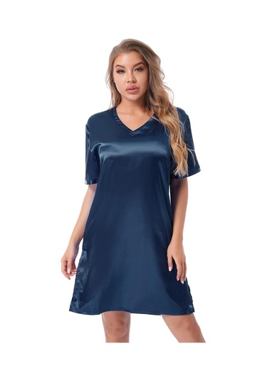Kraliyet Mavisi Kadınlar Katı Renk Saten Gecelik Yumuşak Rahat Pijama Gecelik Kraliyet Mavisi