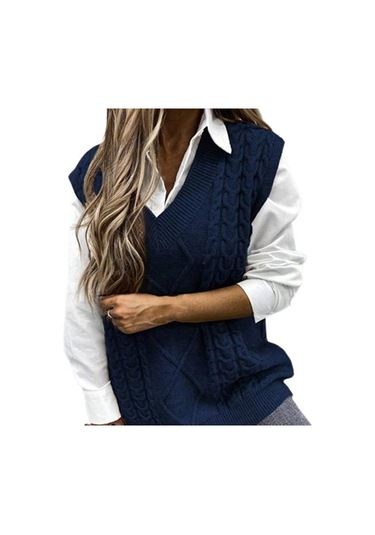 Saf Renk Kolsuz Kazak Yelek Sıcak Trendy Büküm Örme Kadın Yelek Günlük Giyim İçin Mavi