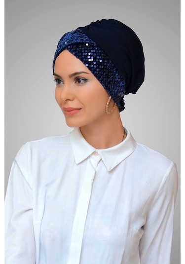 Lacivert Pratik Hazır Geçmeli Tesettür Bone Sandy Kumaş Pullu Tek Lacivert