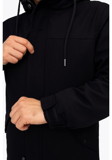 Plus Scorpion Siyah Erkek Gabardin Kapitone Astarlı Kaban Şık, Sıcak Ve Su Geçirmez Siyah