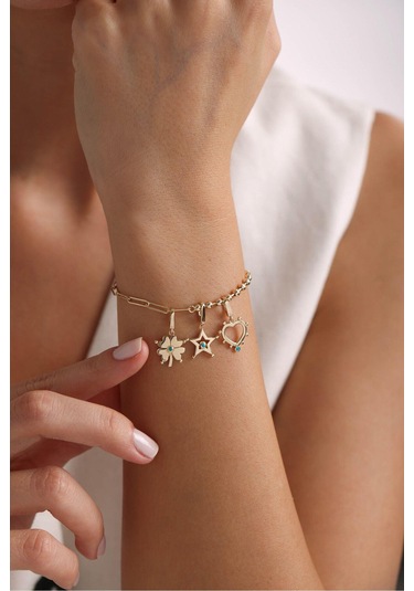 Gianfranco Mavi Mineli Kalp & Yonca & Yıldız Charm Bileklik Altın Sarı Altın