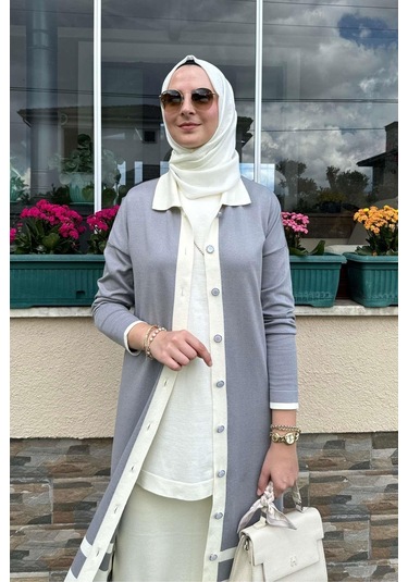 İmge Çizgili Triko Hırka Gri Çok Renkli