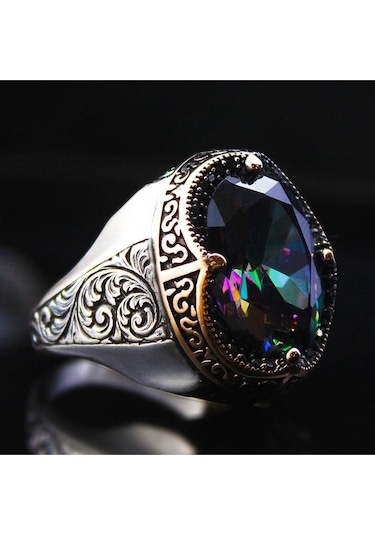 Gümüş Mistik Topaz Mikrotaş Işlemeli Özel Seri Erkek Gümüş Yüzük