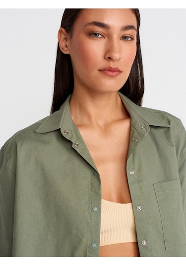 Dilvin 50497 Uzun Kollu Oversize Keten Gömlek-yeşil Yeşil