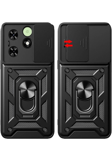 Teknodur Tecno Spark 20c Kılıf Magnetik Standlı Kamera Korumalı Sürgülü Vega Kapak - Siyah
