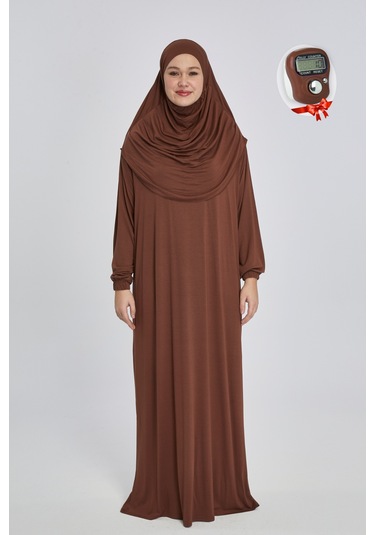 Pratik Başörtülü Rahat Giyilebilen Organik Tek Parça Namaz Elbisesi Çikolata