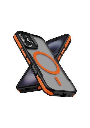 İphone Uyumlu 16 Plus Kılıf M-safe Şarj Özellikli Renkli Kenar Airbag Şeritli Lamer Kılıf Turuncu