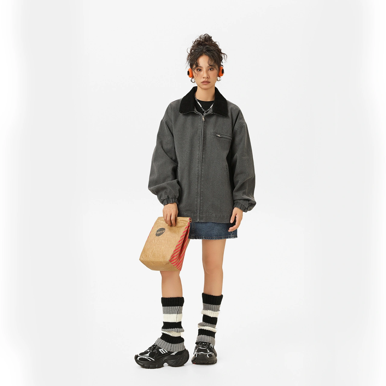 Snapbuy Yıkanmış Denim Ceket, Amerikan Retro Stili, Kontrast Yakalı, Bol Kesim Siyah