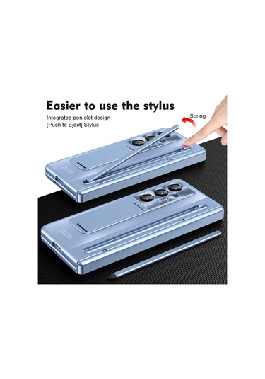 Samsung Galaxy Uyumlu Z Fold7 5g Kılıf, Temperli Cam Filmli, Kalemli, Ayaklı Menteşeli Pc Telefon Kılıfı - Mavi Mavi