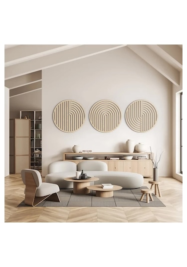 Bohem Soyut Dekoratif Ahşap 3'lü Tablo - Daire Duvar Dekoru Ve He
