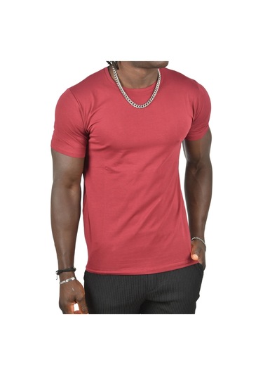 Deepsea Erkek Nar Çiçeği Sıfır Yaka Dar Kesim Likralı Düz Basic Tişört 1801131 Nar Çiçeği