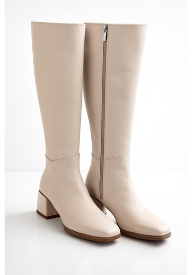 Kadın Topuk Detaylı Yandan Fermuarlı Uzun Çizme Bej