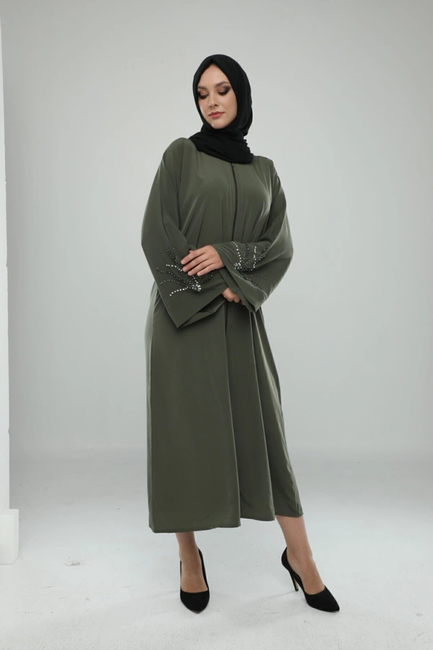 El Işi Taş Işlemeli Fermuarlı Haki Renk Ferace Tesettür Kadın Haki