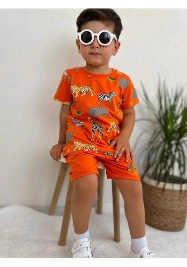 Erkek Bebek Pamuklu Hayvan Baskılı Şortlu Takım-14564 Turuncu