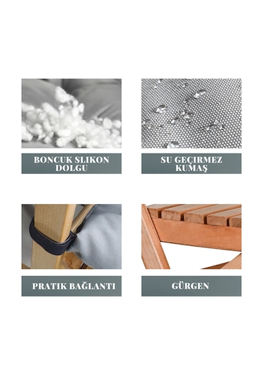 Bysay Puf Minderli Ahşap Katlanır Bahçe Sandalyesi Naturel-gri Gri
