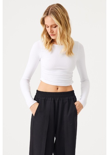 Aura Uzun Kol Büzgülü T-shirt Beyaz Beyaz