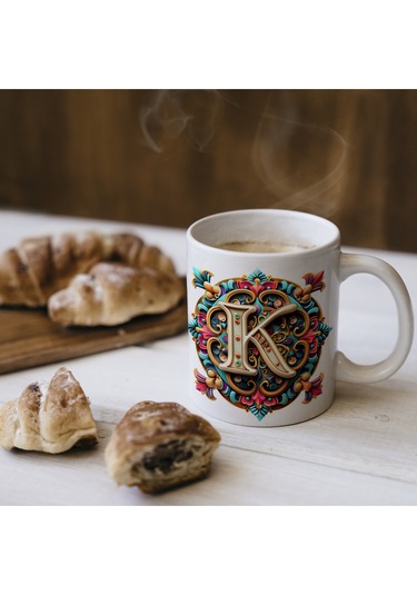 K Harfi Boho Bardak, Renkli Özel Tasarım Hediyelik Harfli Kupa, 330ml Porselen Beyaz