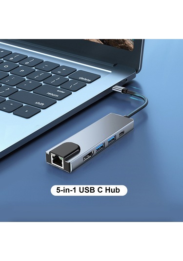 Youmex Gri 5 Fonksiyonlu Usb-c Hub: 4k Hd, Rj45 Ethernet, Usb 3.0/2.0, 87w Pd Hızlı Şarj Çevirici