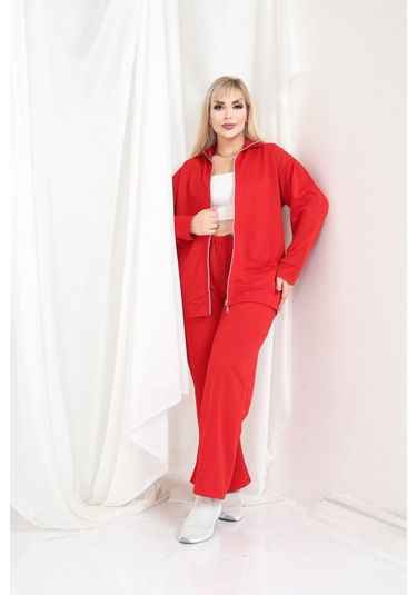 Kadın Büyük Beden Fermuarlı Uzun Kollu Rahat Günlük Eşofman Takım Kırmızı