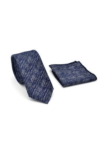 Gri Kırcıllı Desenli Lacivert Dokuma Kumaş Mendilli Slim Fit Kravat // Sdk-2501-2 Lacivert