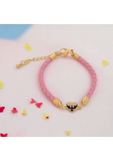 Archin Kartal Temalı Pembe Derili Kalp Figürlü 14 Ayar Altın Plakalı Hediye Bileklik-473sembol Kartal