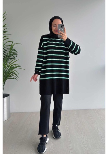 Lady Triko Tunik - Siyah/yeşil Siyah