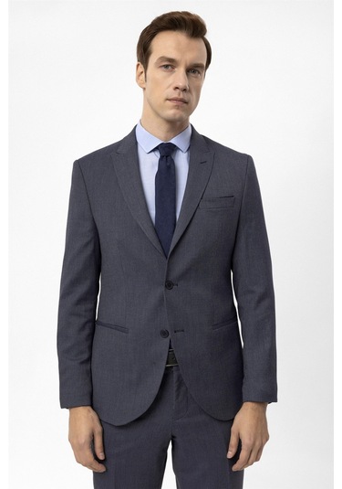 Lacivert Slim Fit Armürlü Sivri Yaka 6 Drop Klasik Takım Elbise-35496 Lacivert