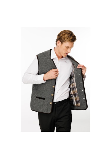 Erkek V Yaka Astarlı Saf Yün Keçe Yelek Füme Füme