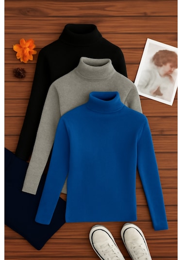 3'lü Paket Kadın Basic Tam Balıkçı Yaka Kazak Çok Renkli-6