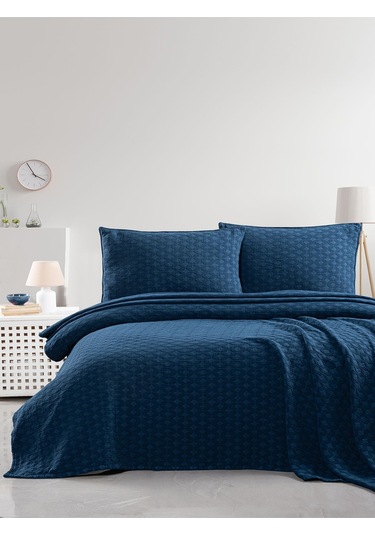 Elvira Yatak Örtüsü Seti Çift Kişilik Koyu Mavi Kutulu Mavi
