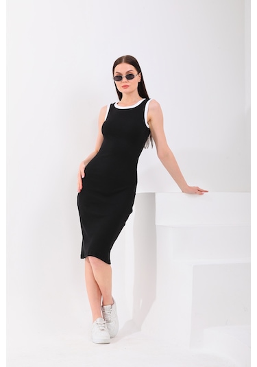 Beyaz Biyeli Kolsuz Diz Altı Fitilli Esnek Siyah Kalem Elbise Beyaz - Siyah
