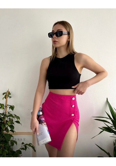 Üç Taşlı Mini Etek Fuşya