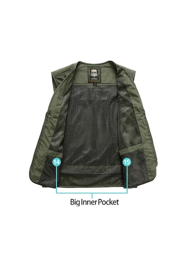 Artfulabode Yeşili Yelek, V-yaka, Tutma Sansız Ordu Kamp İş İçin. Hava, Erkek Fonksiyonel Cep Balık Açık Haki