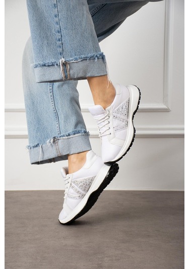 Shoetek Beatriz Kadın Sneakers Yandan Taşlı Bağcıklı Spor Ayakkabı Beyaz Beyaz