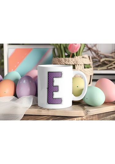 E Harfi Mor Puantiyeli Kupa Bardak - Polka Dot Tasarım Kahve Çay Bardak - Kişiye Özel Hediyelik Beyaz