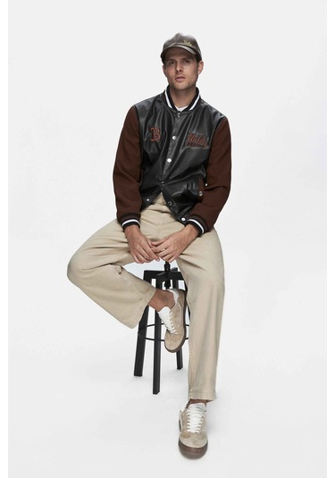 Kawelo Siyah Suni Deri Ve Kaşe Nakışlı Standard Fit Erkek Mont Siyah